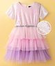 Hola Bonita Knit Sequin With Foil Tiered Short Sleeves Party Dress With Belt - Pink