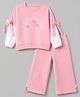 Babyhug Terry Knit Full Sleeves Top & Pant Set With Text Print & Bow Applique - Pink