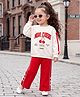 Babyhug 100% Cotton Knit Full Sleeves Mon Cheri Printed Top & Pant With Bow Applique - White & Red