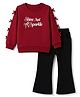 Babyhug Terry Knit Full Sleeves  Bow Appliqued Top With Text Print & Flared Leggings - Maroon