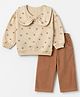 Babyhug 100% Cotton Terry Knit Full Sleeves Collared Top and Pant with Floral Print - Cream & Bronze