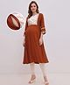 Bella Mama Viscose Woven Three Forth Sleeves Maternity Kurta With Solid Floral Embroidered Neck Overlapping Yoke - Brown