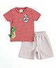 JusCubs Cotton Knit Half Sleeves Striped & Dinosaur Printed & Applique Detailed Tee & Shorts Set - Red