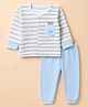 Be Baby 100% Cotton Interlock Knit Front Open Full Sleeves Striped T-Shirt & Pajama Night Suit with Front Pocket & Teddy Bear Patch - Sky Blue