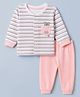 Be Baby 100% Cotton Interlock Knit Front Open Full Sleeves Striped T-Shirt & Pajama Night Suit with Front Pocket & Teddy Bear Patch - Peach