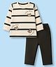 Be Baby Interlock Knit Full Sleeves Stripes T-Shirt & Pant Set With Little Bear Text Print & Patch - Olive Green