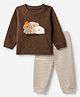 Be Baby 100% Cotton Interlock Knit Full Sleeves T-Shirt & Striped Pajama Night Suit with Dog Friends Embroidered Patch - Brown