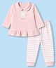 Be Baby Velvet Knit Full Sleeves Top & Pant With Bunny Patch & Embroidery - Pink