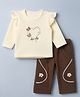 Be Baby 100% Cotton Interlock Knit Full Sleeves Top and Pant Set with Heart Embroidery in Light Brown