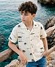 Ollington St. Cotton Woven Oversized Shirt with Half Sleeves and Palm Tree Print in White