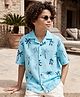 Ollington St. Cotton Woven Oversize Shirt with Half Sleeves and Palm Trees and Foliage Print in Blue