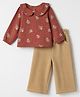 Babyhug 100% Cotton Terry Knit Full Sleeves Top and Pant Set with Floral Print in Brown
