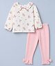 Babyhug Cotton Terry Knit Full Sleeves Top and Leggings with Full Length and Floral Print in Cream