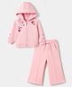 Babyhug 100% Cotton Terry Knit Full Sleeves Hooded Top & Pant Set With Floral Embroidery - Pink