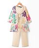 Pine Kids Woven Full Sleeves Indo Western Set With Floral Embroidery & Print - Beige