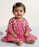 Kinder Kids Cotton Woven Leheriya Printed  Dress With Three Fourth Sleeves Floral Printed Jacket - Pink