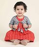 Kinder Kids Cotton Woven Dress With Three Fourth Sleeves Floral Printed Jacket - Red & Blue