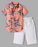 Pine Kids 100% Cotton Woven Half Sleeves Shirt and Shorts with Knee Length and Leaves Print in Orange