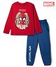 Pine Kids Marvel Single Jersey Knit Full Sleeves T-Shirt & Pyjama Night Suit Set With Spider Man Graphic &Text Print - Red & Blue