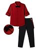 Mark & Mia Cotton Lycra Woven Full Sleeves Solid Shirt & Pant Set With Bow & Suspender - Red & Black