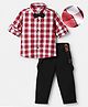 Mark & Mia Cotton Lycra Woven Full Sleeves Checks Shirt & Trouser Set With Bow Applique & Suspender - Red