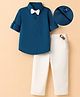 Mark & Mia Cotton Lycra Woven Full Sleeves Solid Shirt & Trouser Set With Bow & Suspender - White & Blue