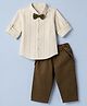 Mark & Mia Cotton Lycra Woven Full Sleeves Striped Shirt & Pant Set With Bow & Suspender - Cream