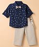 Mark & Mia Cotton Woven Full Sleeves Crown Printed Shirt & Trousers Set With Bow & Suspender - Beige & Navy Blue
