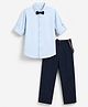 Mark & Mia Cotton Lycra Woven Full Sleeves Solid Shirt & Trouser Set With Bow & Suspender - Light Blue
