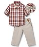 Mark & Mia Cotton Lycra Woven Full Sleeves Checked Shirt & Trousers Set With Bow & Suspender - Red & Beige