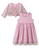 Babyhug Chanderi Woven Ethnic Dress and Jacket with Three Fourth Sleeves and Floral Sequin Embroidery in Pink
