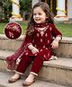 Babyhug Velvet Woven Three Fourth Sleeves Floral Embroidered Kurti Churidar and Dupatta Set - Maroon
