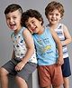 Babyoye Elastene Knit Solid Striped Sleeveless Set of Vests With Cartoon Animal Print Pack of 3 - Light Blue White