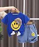POP STREET KIDS Cotton Blend Knit Half Sleeves Cap Applique Detailed Smiley Printed Tee & Shorts Set - Blue