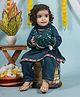 Cuddly cubs Cotton Woven Full Sleeves Lace Embellished Kurti & Pants With Dupatta & Bandhani Printed Jacket Set - Teal