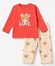 Doodle Poodle 100% Single Jersey Knit Full Sleeves T-Shirt & Pyjama Night Suit with Bear & Bow Print - Red
