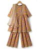 Pine Kids 100% Cotton Woven 3/4th Sleeves Kurti & Pat Set With Dupatta & Floral Print in Beige