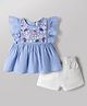 Babyhug Chambray 100% Cotton Knit Half Sleeves Floral Embroidered Top and Shorts Set - Blue