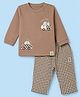 Ollypop Interlock Knit Woven Full Sleeves T-shirt With Side Button & Car Embroidery and Checked Pants - Brown