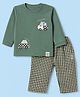 Ollypop Interlock Knit Woven Full Sleeves T-shirt With Side Button & Car Embroidery and Checked Pants - Olive Green