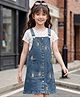 OLLINGTON ST. Denim Knit Pinafore and T-Shirt with Half Sleeves and Floral Print in Indigo & White