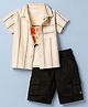 Dapper Dudes Cotton Mix Woven Half Sleeves Striped Shirt & Shorts Set With Printed Inner Tee - Peach