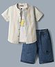 Dapper Dudes Cotton Mix Woven Half Sleeves Striped Shirt & Shorts Set With Text Printed Inner Tee - Light Blue