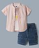 Dapper Dudes Cotton Mix Woven Half Sleeves Striped Shirt & Shorts Set With Text Printed Inner Tee - Pink