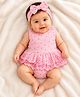 My Milestones 100% Cotton Woven Sleeveless Strawberry Printed Schiffli Embroidered Dress Style Onesie With Headband - Pink
