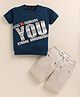 TINI JENNY Cotton Blend Knit Half Sleeves Typography Printed Tee & Shorts Set - Air Force Blue