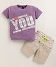 TINI JENNY Cotton Blend Knit Half Sleeves Typography Printed Tee & Shorts Set - Lavender