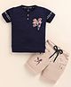 TINI JENNY Cotton Blend Knit Half Sleeves Good Day Text Printed Tee & Shorts Set - Navy Blue