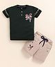 TINI JENNY Cotton Blend Knit Half Sleeves Good Day Text Printed Tee & Shorts Set - Bottle Green