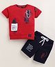 TINI JENNY Cotton Blend Knit Half Sleeves Typography Printed Tee & Shorts Set - Red